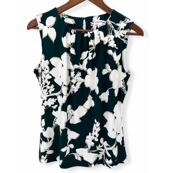 Calvin Klein Womens Green White Floral Sleeveless Feminine Pleated Top Small - Picture 1 of 6
